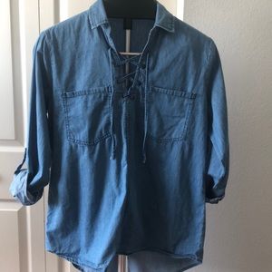 Charlotte Russe Denim Chambray Roll Tab Sleeve Top